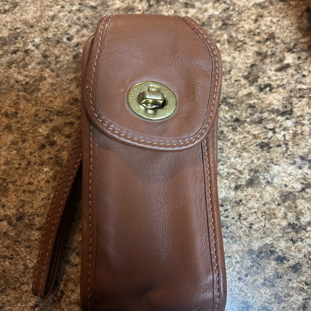 Coach Brown Leather Wristlet with Gold Clasp